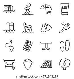 Thin line icon set : trailer, tourist, lounger, uv cream, pool, aquapark, flippers, tennis, golf, inflatable mattress, table, slippers, bbq, berry, field, garden