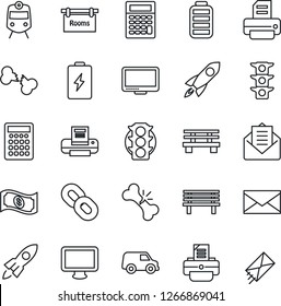 Thin Line Icon Set - train vector, mail, printer, bench, broken bone, traffic light, monitor, chain, battery, rooms, rocket, cash, calculator, car