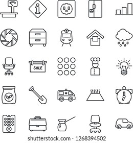 Thin Line Icon Set - train vector, office chair, job, rain, fertilizer, ambulance car, warehouse storage, heavy scales, menu, mobile camera, alarm, case, bar graph, archive box, sale, fridge, cook