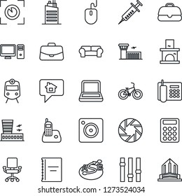 Thin Line Icon Set - train vector, airport building, case, mouse, fireplace, syringe, bike, route, settings, radio phone, mobile camera, copybook, calculator, office, notebook pc, city house, chair