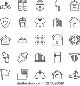 Thin Line Icon Set - train vector, sun, lock, office building, book, pennant, butterfly, house, sickle, heart shield, lungs, joint, folder document, mountains, sweet home, fridge, palm sproute, flag