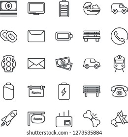 Thin Line Icon Set - train vector, mail, bench, broken bone, cash, traffic light, monitor, chain, battery, rooms, phone, salad, rocket, car, advertising