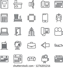 Thin Line Icon Set - train vector, globe, left arrow, plane, airport building, case, fireplace, speaker, video camera, cell phone, calendar, copybook, office, calculator, notebook pc, city house