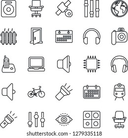 Thin Line Icon Set - train vector, bike, earth, satellite, term, camera, settings, headphones, laptop pc, radio phone, speaker, torch, eye id, application, calendar, office chair, heater, chip, door