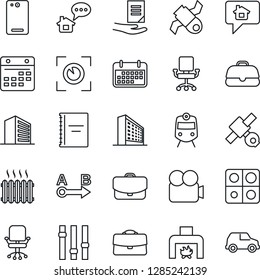 Thin Line Icon Set - train vector, office building, chair, document, satellite, term, route, settings, video camera, phone back, calendar, application, case, copybook, fireplace, heater, eye scan