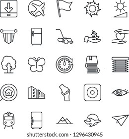 Thin Line Icon Set - train vector, pennant, tree, lawn mower, butterfly, sun, heart hand, eye, joint, plane, rec button, download, brightness, book, mountains, office building, estate search, fridge