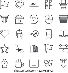 Thin Line Icon Set - train vector, office building, book, pennant, mouse, coffee, lawn mower, butterfly, house, heart, stop button, lock, ink pen, chair, mountains, omelette, jalousie, police, flag