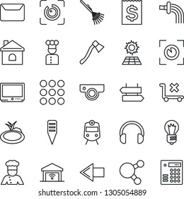 Thin Line Icon Set - train vector, signpost, left arrow, bulb, rake, watering, house, axe, plant label, pond, receipt, no trolley, tv, headphones, share, menu, eye id, mail, sun panel, cook, scan
