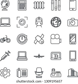 Thin Line Icon Set - train vector, globe, camera, plane, notebook pc, syringe, bike, satellite, settings, video, cell phone, laptop, mobile, office, radiator, eye scan, clock, earth, chair, building