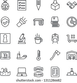 Thin Line Icon Set - train vector, female, handshake, desk, notebook pc, circle chart, lady bug, axe, plant label, microscope, sea shipping, no trolley, package, shield, sim, torch, coffee, book