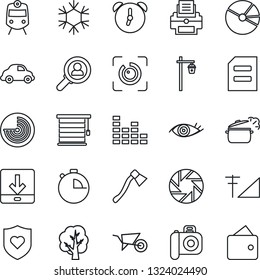 Thin Line Icon Set - train vector, radar, document, tree, wheelbarrow, axe, garden light, heart shield, eye, car delivery, camera, equalizer, mobile, alarm, stopwatch, download, id, cellular signal