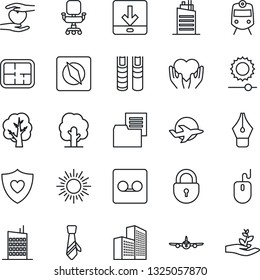 Thin Line Icon Set - train vector, sun, plane, lock, mouse, tree, heart shield, hand, folder document, record, download, brightness, compass, office building, ink pen, chair, tie, book, plan