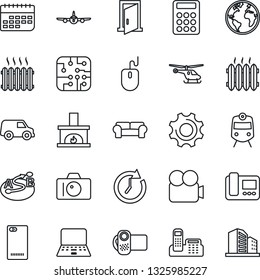 Thin Line Icon Set - train vector, camera, plane, helicopter, mouse, notebook pc, earth, term, route, video, phone back, settings, calculator, office, cushioned furniture, fireplace, heater, chip