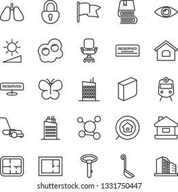 Thin Line Icon Set - train vector, lawn mower, butterfly, lungs, eye, molecule, brightness, lock, office chair, blank box, book, house, plan, estate search, city, reserved, ladle, omelette, flag