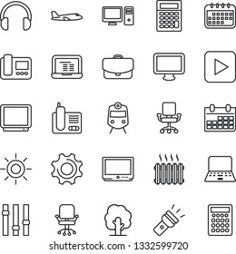 Thin Line Icon Set - train vector, plane, office chair, notebook pc, calendar, tree, sun, settings, tv, headphones, monitor, radio phone, play button, torch, heater, intercome, case, calculator