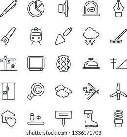 Thin Line Icon Set - train vector, escalator, ticket office, clouds, trowel, rake, boot, saw, rain, plant label, traffic light, search cargo, speaker, tv, cellular signal, pie graph, ink pen, fridge