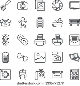 Thin Line Icon Set - train vector, baby, printer, garden fork, bench, broken bone, cash, traffic light, camera, monitor, chain, battery, mobile, gallery, mail, photo, rooms, phone, salad, calculator