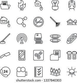 Thin Line Icon Set - train vector, no smoking, mobile phone, team, rake, fire, hoe, 24 hours, antenna, video camera, share, cut, document folder, checklist, book, house with tree, plates, hot dog