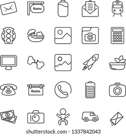 Thin Line Icon Set - train vector, baby, camera, broken bone, cash, traffic light, monitor, battery, mail, gallery, photo, rooms, phone, salad, rocket, calculator, car