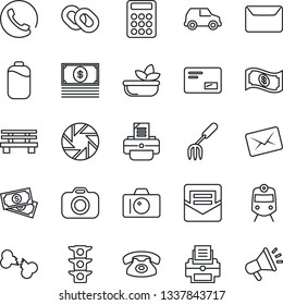 Thin Line Icon Set - train vector, camera, printer, garden fork, bench, broken bone, cash, traffic light, chain, mail, mobile, battery, calculator, phone, salad, car, advertising