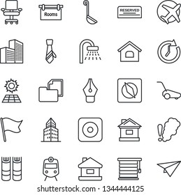 Thin Line Icon Set - train vector, shower, book, lawn mower, house, plane, folder document, rec button, compass, office building, ink pen, chair, tie, sun panel, rooms, reserved, ladle, jalousie
