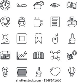 Thin Line Icon Set - train vector, plane, mouse, document, bulb, stamp, printer, caries, eye, molecule, term, heart, stop button, themes, brightness, coffee, sun panel, fence, steaming pan, jalousie