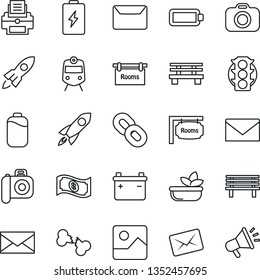 Thin Line Icon Set - train vector, mail, bench, broken bone, traffic light, camera, chain, gallery, battery, printer, rooms, salad, rocket, cash, advertising