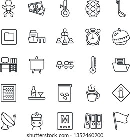 Thin Line Icon Set - train vector, alarm clock, baby, baggage larry, desk, presentation board, seeds, diet, cash, traffic light, sea port, satellite antenna, folder, coffee, document, abacus, menu