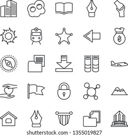 Thin Line Icon Set - train vector, left arrow, plane, lock, book, pennant, sun, molecule, heart hand, joint, folder document, download, compass, office building, ink pen, house, mountains, omelette