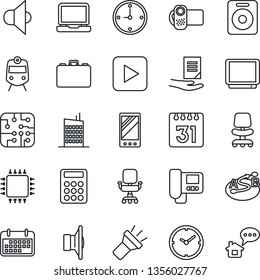 Thin Line Icon Set - train vector, office chair, case, document, term, route, speaker, tv, video camera, laptop pc, play button, mobile, calendar, torch, clock, calculator, city house, chip