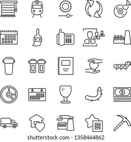 Thin Line Icon Set - train vector, factory, circle chart, caterpillar, heart hand, cash, office phone, car delivery, fragile, favorites list, update, themes, brightness, music, calendar, copybook