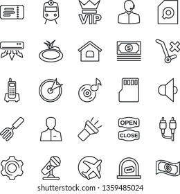 Thin Line Icon Set - train vector, vip, ticket, office, garden fork, pond, plane, cash, phone, no trolley, microphone, speaker, rca, settings, user, sd, torch, music, document search, support, house