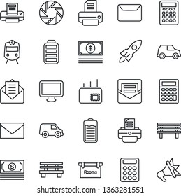 Thin Line Icon Set - train vector, mail, printer, bench, cash, monitor, battery, mobile camera, calculator, rooms, rocket, car, advertising