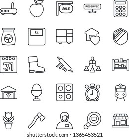 Thin Line Icon Set - train vector, alarm clock, flower in pot, boot, axe, fertilizer, scales, support, consolidated cargo, shield, search, rack, calendar, application, calculator, hierarchy, sale