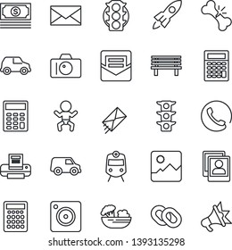 Thin Line Icon Set - train vector, baby, camera, mail, bench, broken bone, cash, traffic light, chain, mobile, gallery, photo, calculator, printer, phone, salad, rocket, car, advertising