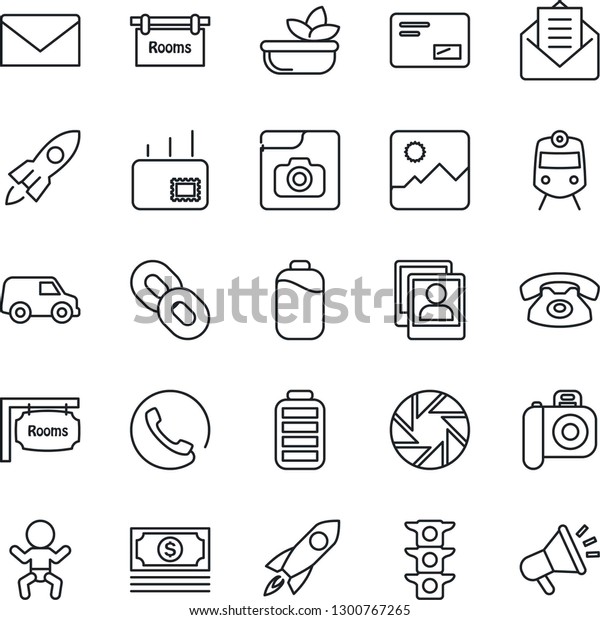 Thin Line Icon Set -\
train vector, baby, mail, cash, traffic light, camera, chain,\
battery, mobile, gallery, photo, rooms, phone, salad, rocket, car,\
advertising