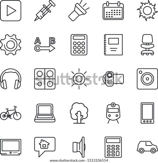 Thin Line Icon Set - train vector, office chair,\
tree, sun, syringe, bike, route, speaker, tv, video camera,\
headphones, play button, mobile, settings, torch, application,\
copybook, calculator, car