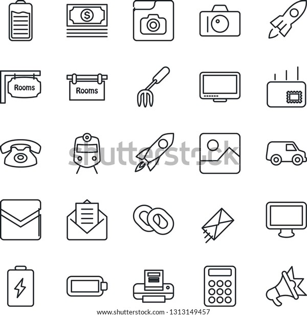 Thin Line Icon Set -\
train vector, camera, garden fork, cash, monitor, chain, battery,\
mail, gallery, photo, calculator, printer, rooms, phone, rocket,\
car, advertising