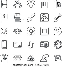 Thin Line Icon Set - trash bin vector, office building, trowel, shovel, sun, well, pond, heart, patch, important flag, store, clock, speaker, mail, stop button, phone back, data exchange, book, fan