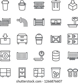 Thin Line Icon Set - trash bin vector, checkroom, bucket, watering, railroad, truck trailer, cargo container, consolidated, package, oil barrel, heavy scales, archive box, water filter