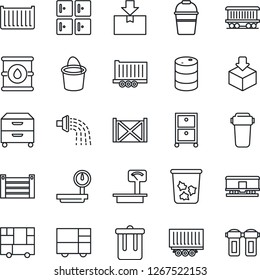 Thin Line Icon Set - trash bin vector, checkroom, bucket, watering, railroad, truck trailer, cargo container, consolidated, package, oil barrel, heavy scales, archive box, water filter