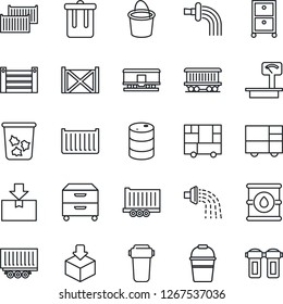 Thin Line Icon Set - trash bin vector, bucket, watering, railroad, truck trailer, cargo container, consolidated, package, oil barrel, heavy scales, archive box, water filter