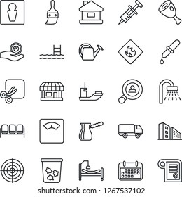 Thin Line Icon Set - trash bin vector, male, waiting area, shower, watering can, syringe, dropper, scales, hospital bed, store, sea shipping, car delivery, term, flammable, themes, cut, target, pool