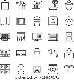 Thin Line Icon Set - trash bin vector, checkroom, bucket, watering, railroad, truck trailer, cargo container, consolidated, package, oil barrel, heavy scales, archive box, water filter