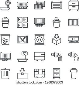 Thin Line Icon Set - trash bin vector, checkroom, bucket, watering, railroad, truck trailer, cargo container, consolidated, package, oil barrel, heavy scales, archive box, water filter