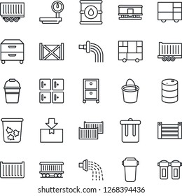 Thin Line Icon Set - trash bin vector, checkroom, bucket, watering, railroad, truck trailer, cargo container, consolidated, package, oil barrel, heavy scales, archive box, water filter