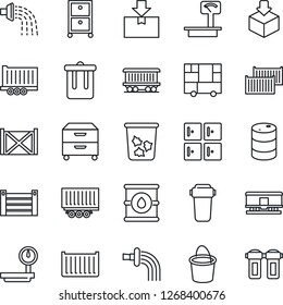 Thin Line Icon Set - trash bin vector, checkroom, bucket, watering, railroad, truck trailer, cargo container, consolidated, package, oil barrel, heavy scales, archive box, water filter