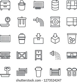 Thin Line Icon Set - trash bin vector, bucket, watering, railroad, truck trailer, cargo container, consolidated, package, oil barrel, heavy scales, archive box, water filter