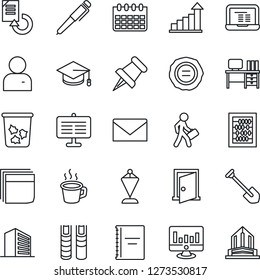 Thin Line Icon Set - trash bin vector, mail, office building, growth statistic, pennant, graduate, abacus, desk, notebook pc, calendar, job, monitor, document reload, stamp, paper pin, user, coffee