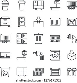 Thin Line Icon Set - trash bin vector, checkroom, bucket, watering, railroad, truck trailer, cargo container, consolidated, package, oil barrel, heavy scales, archive box, water filter
